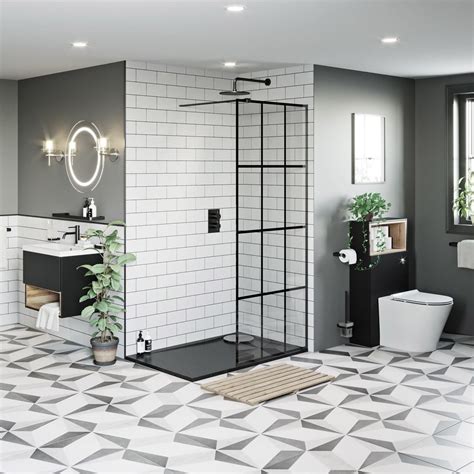 Mode 8mm Black Framed Wet Room Panel With Left Handed 8mm Black Granite Effect Shower Tray 1200