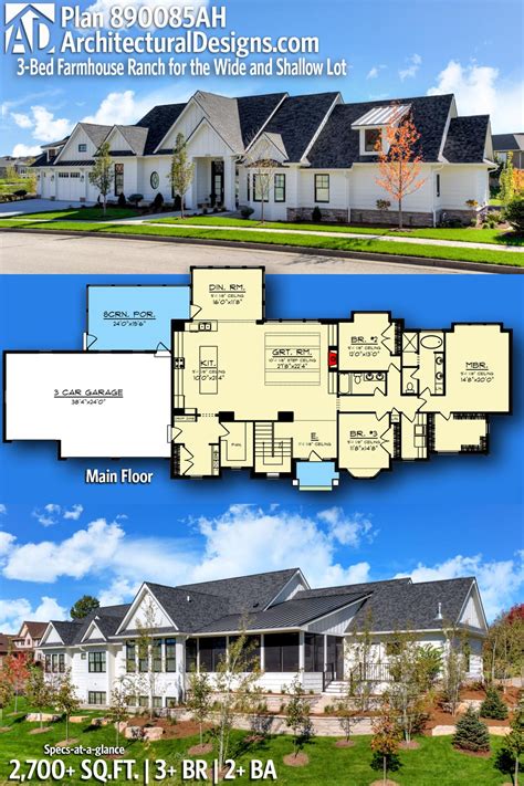 Plan 890085AH: 3-Bed Farmhouse Ranch for the Wide and Shallow Lot