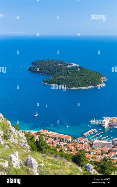 croatia dubrovnik croatia dalmatian coast aerial view lokrum island and dubrovnik harbour