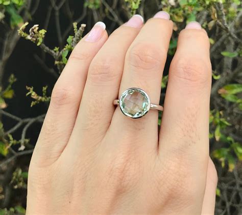 Light Green Amethyst Silver Ring Round Faceted Green Ring February