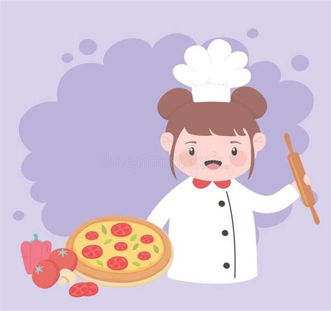 Cute Girl Chef Cartoon Character Holding Rolling Pin And Pizza Stock