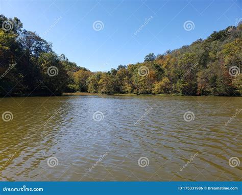 Southern Indiana Lake Water Fall Trees Outside Landscape Stock Photo