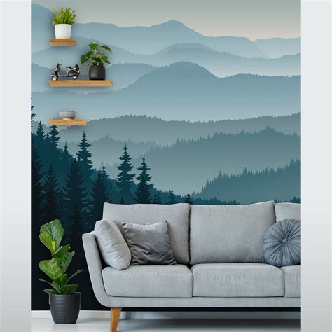 Ombre Blue Mountain Pine Forest Trees Removable Muralwallpaper Coloritto