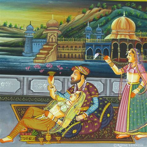 Mughal King Love Scene Rajasthani Miniature Painting On Silk Fabric