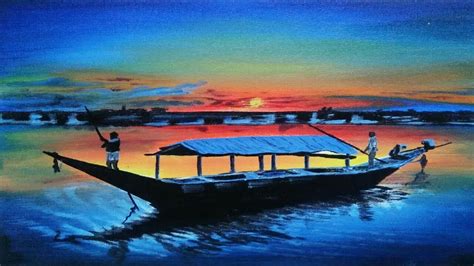 Sunset At Chilika Lake I Boating Acrylic Painting I Sunset Reflection