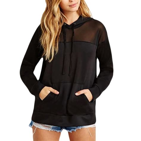 Buy Black Mesh Patchwork Hooded Sweatshirt Women