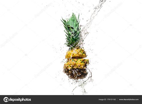 Fresh Sliced Pineapple Water Splashes Isolated White — Stock Photo