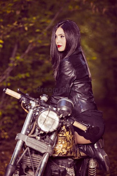 Biker Girl In A Leather Jacket On A Motorcycle Stock Image Image Of