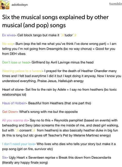 six the musical songs explained by other songs crews to me on tumblr sixthemusical