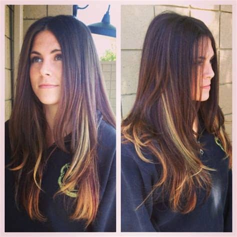 The hair is black at the root color and is gradually highlighted with brown and blonde shades. Peekaboo lights on Pinterest | Peekaboo Highlights, Blonde ...