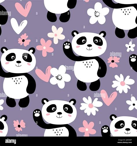 Seamless Pattern With Cute Panda Baby On Color Background Funny Asian