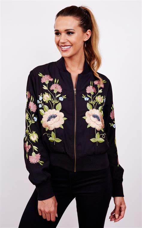 Black Embroidered Floral Bomber Jacket By Glamorous Things We Do For