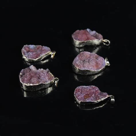 5pcs natural agates geode freeform slab nugget pendant with gold edged pink red raw geode gems