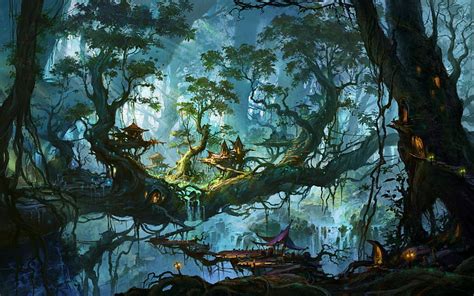 Hd Wallpaper Artwork Fantasy Art Trees Forest House River Sword Nature