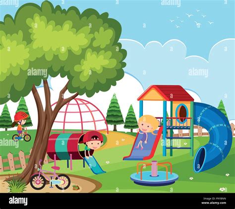 Happy Children Playing In Playground Illustration Stock Vector Image