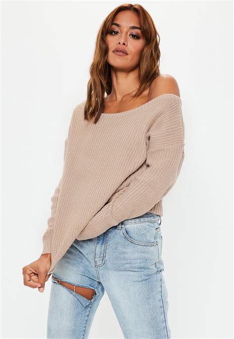 Missguided Beige Off Shoulder Knitted Sweater Off Shoulder Fashion