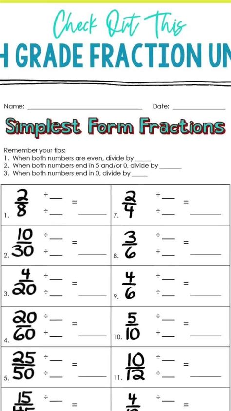 Simplest Form Fractions Worksheets