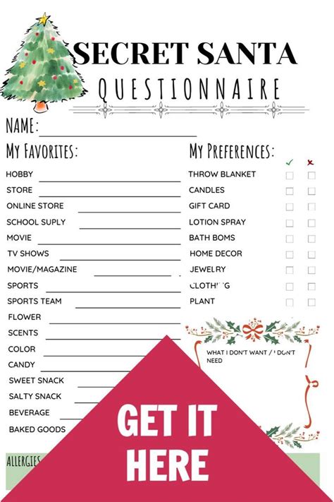 Printable Secret Santa Questionnaire For Christmas T Etsy Work