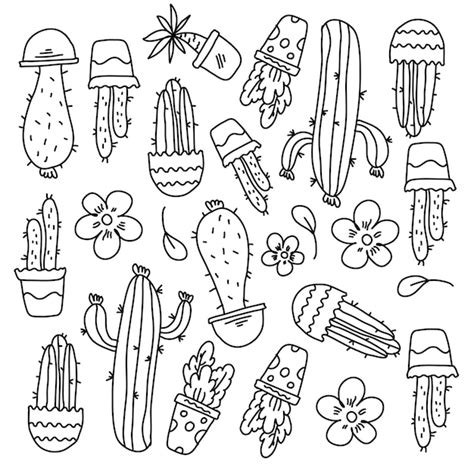 Premium Vector Cactus Plants Set With Doodle Line Style Vector