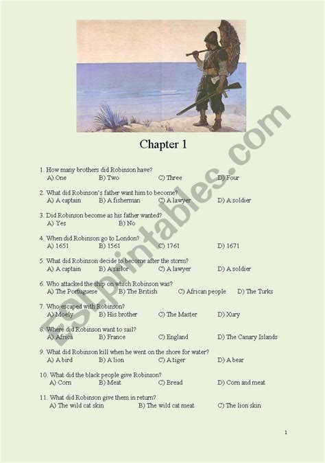 English Worksheets Robinson Crusoe Chapters 1 4