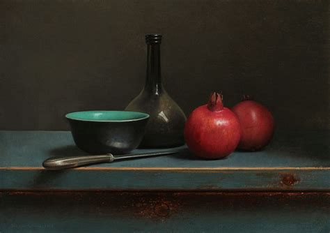 Jos Van Riswick Oil Still Life With Pomegranates And Black Green