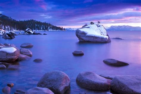 Winter Bonsai Rock At Lake Tahoe Nevada Photographic Print