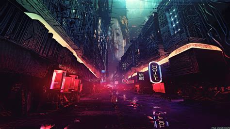 Lighted Building Illustration Movie Scene Night Artwork Futuristic City Cyberpunk Cyber