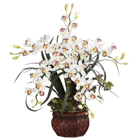 Nearly Natural Silk Cymbidium In White With Decorative Vase Silk Flower Arrangements