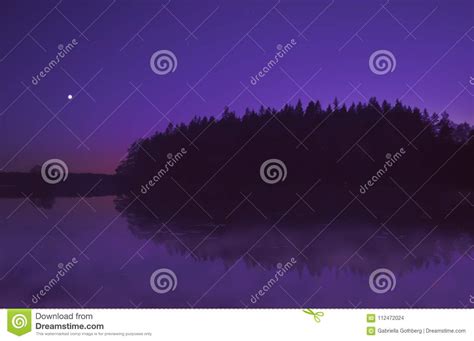 Beautiful Purple Sunset By Lake In Summer With Moon