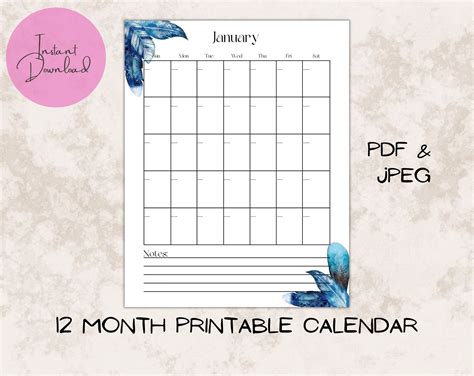 Colorful Feather Printable 12 Month Calendar Blank Monthly Etsy In