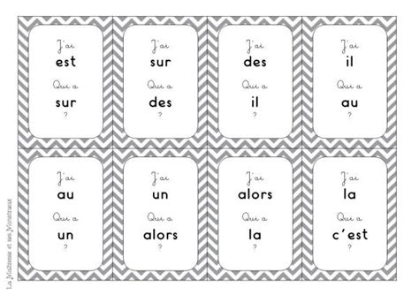 the french word cards are shown in grey and white chevroned paper with ...