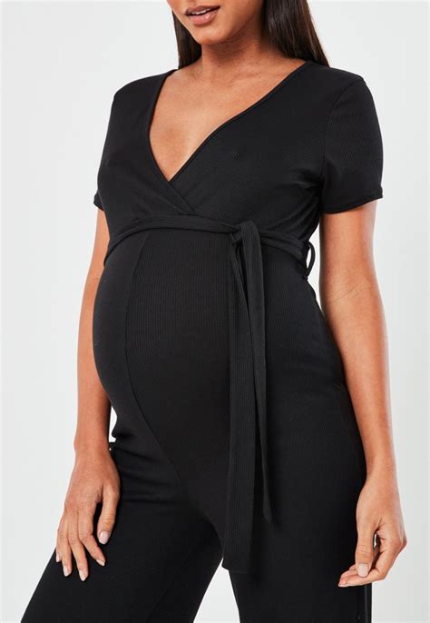 Black Rib Wrap Belted Maternity Jumpsuit Missguided