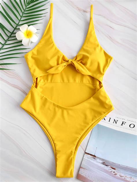 Zaful Knotted Plunging Cut Out One Piece Swimsuit High Waist Swimwear Women Hollow Out Beach