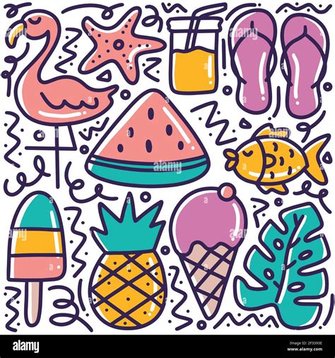 Hand Drawn Summer Beach Doodle Set Stock Vector Image And Art Alamy