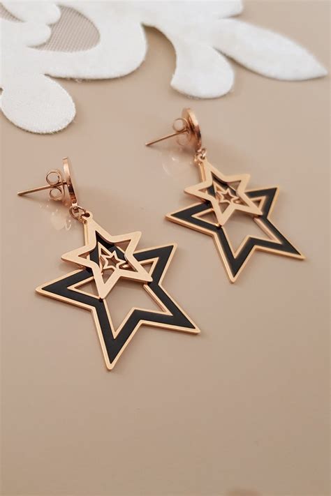 Double Star Earrings Stud Dangle Rose Gold Celestial Jewelry Etsy