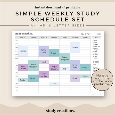 Simple Weekly Study Schedule Printable Set Weekly Revision Etsy