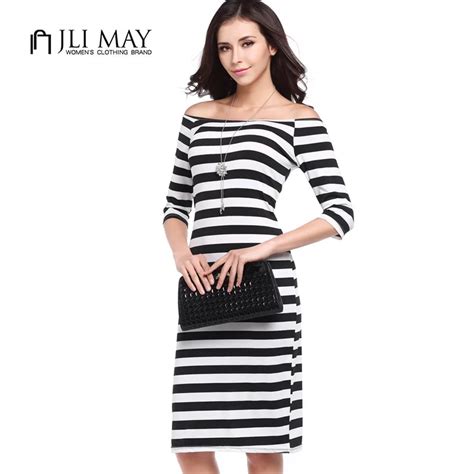 Jli May Sexy Off Shoulder Striped Tight Dress Black White Women Summer