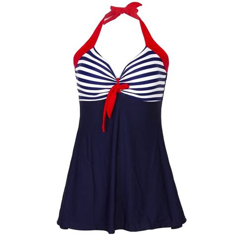 Vintage Sailor Straps Halter Pin Up Swimsuit One Piece Skirtini Cover Up Swimdress Fba Blue