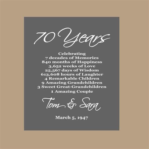 Need wedding anniversary gift ideas? 70th Anniversary Print - Platinum Anniversary - 70 Anniversary Sign, 1947 Anniversary Gift ...