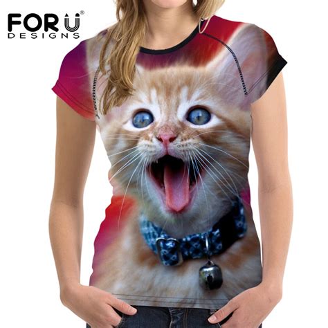 Forudesigns Fashion Tee Shirt For Women Summer Style 3d Cute Cat