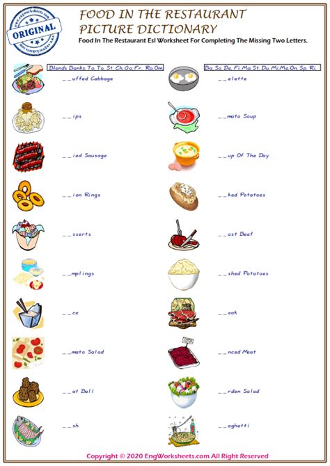 Food In The Restaurant Printable English ESL Vocabulary Worksheets EngWorksheets