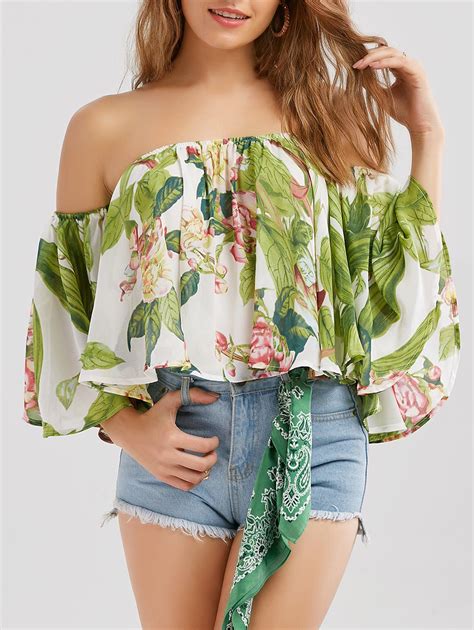 [12 off] ruffle off shoulder floral chiffon blouse rosegal