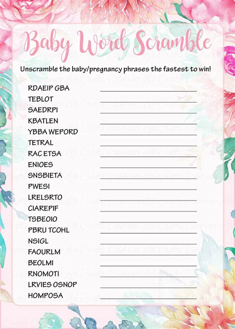 Word Scramble Baby Shower Game Spring Baby Shower Theme For Baby Girl