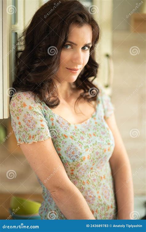 beautiful brunette woman housewife stock image image of home food 243689783