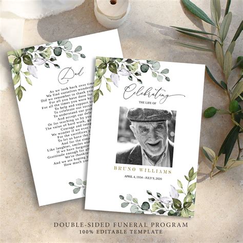 Double Sided Funeral Program Template Floral Memorial Etsy Funeral
