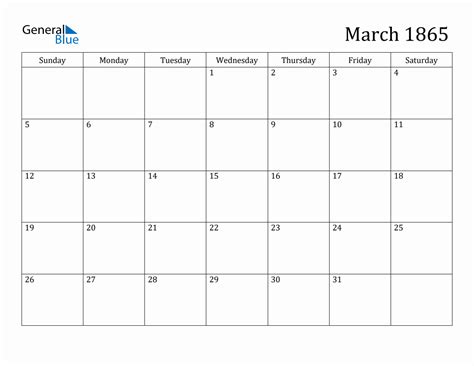 March 1865 Monthly Calendar