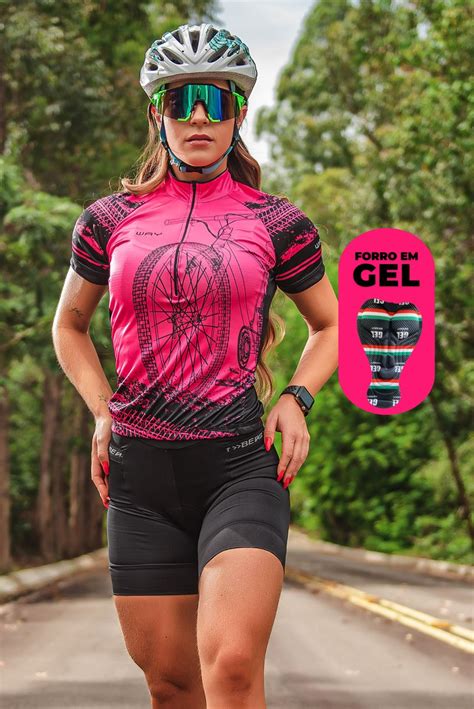 A Conjunto De Ciclismo Feminino Camisa Bike Roda Rosa E Bermuda Gel
