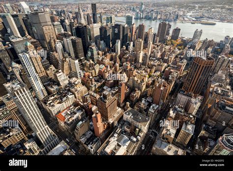 Wide Angle View Looking Down At Skyscrapers In New York City From The