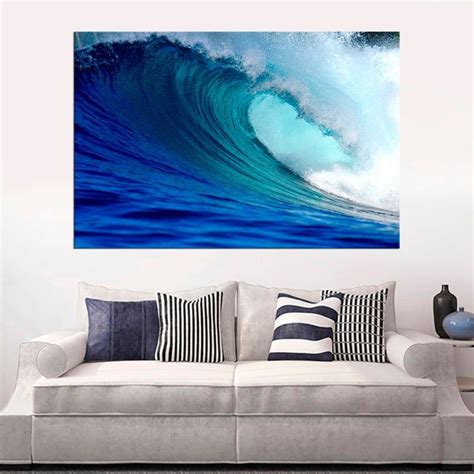 Large Ocean Waves Stretched Canvas Print Wall Art Decor Blue Etsy