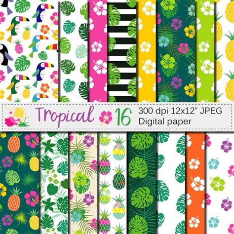 Tropical Digital Paper With Hibiscus Toucan Pineapple And Etsy